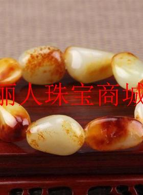 捡漏新疆和田玉籽料手链原石手串白玉带黄皮手链男女同款饰品送人
