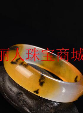 黄龙玉手镯扁宽版玉石镯子鸡油黄黑水草花飘黄玉手镯女款饰品送礼