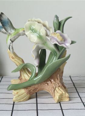 外贸老货美式乡村田园彩绘陶瓷花卉小鸟蝴蝶场景摆件花园装饰道具