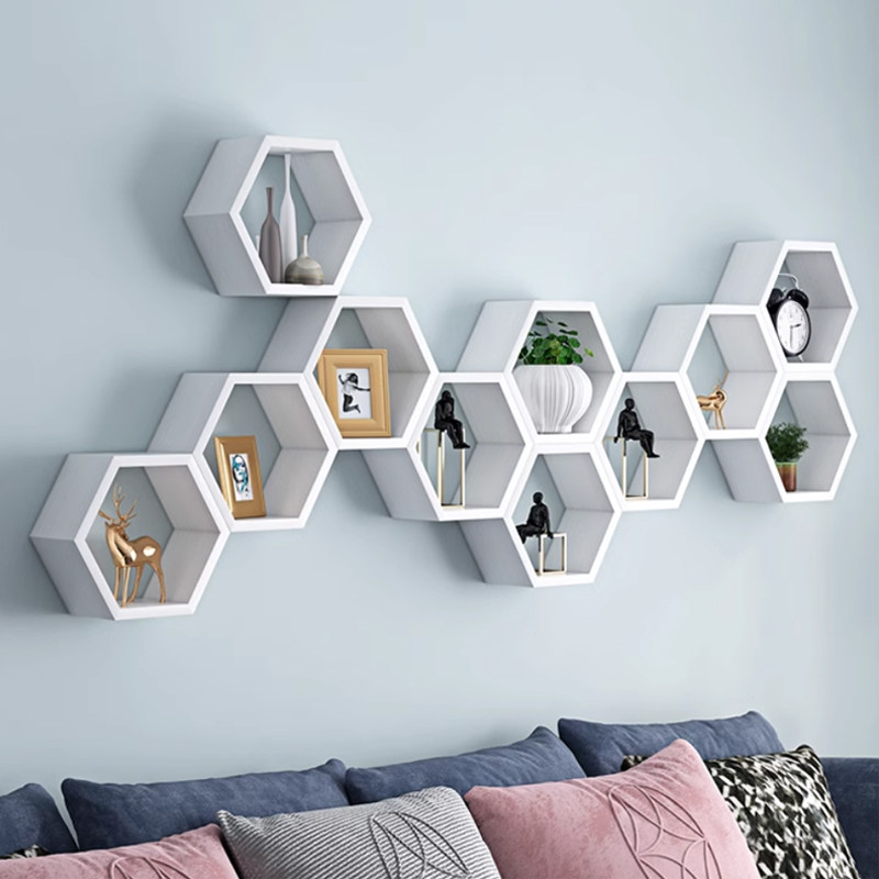 创意ins六边形蜂窝格子柜实木装饰背景墙上壁挂六角框置物架搁板,淘宝优惠券,粉丝福利购,淘宝优惠卷