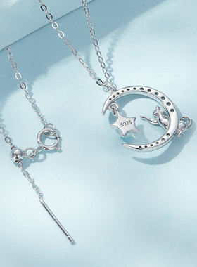 原创镀白金猫咪月亮项链女 精致月光石少女心锁骨链