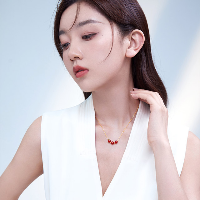 Saturday blessing gold inlaid jade necklace women's yellow 18K gold and red agate pendant set chain official authentic holiday gift
