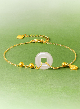 周六福黄金和田玉手链守福平安扣首饰金镶玉手饰官方新年礼物