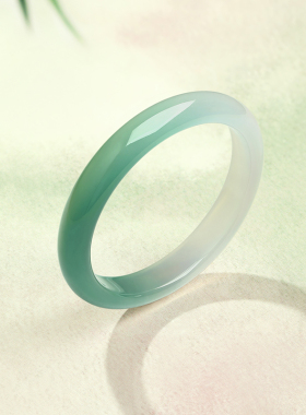 周六福半山半水玉髓手镯深白绿宽条新中式国风圣诞礼物送女友