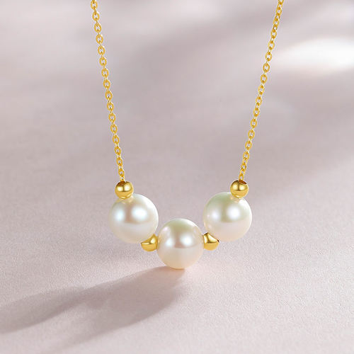 周六福黄18K金珍珠项链女优雅法式白色淡水珍珠送女友节日礼物 - 图1