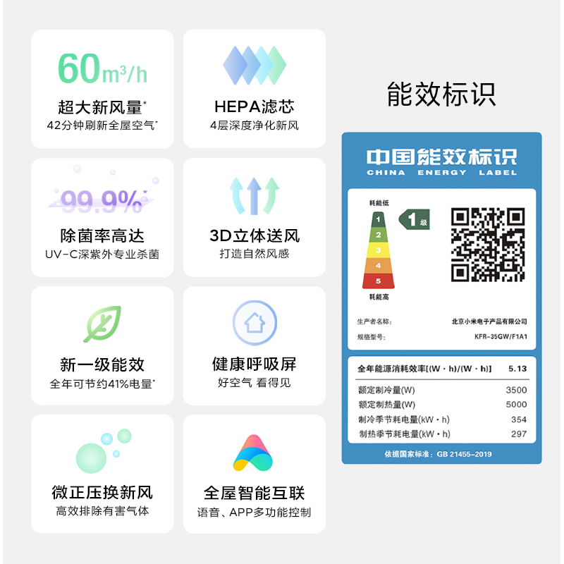 小米米家新风空调1.5匹挂机新1级家用冷暖智能变频挂式官方旗舰店 - 图1