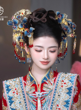 2025新款复古秀禾头饰金蓝色百搭发簪套装婚礼晨袍旗袍跟妆饰品