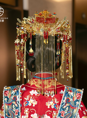 新款中式婚礼金色凤冠新娘秀禾龙凤褂宫廷造型发饰奢华汉服头饰