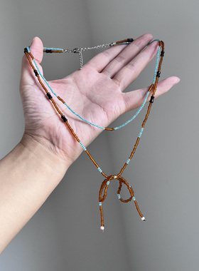 双层叠戴蓝咖撞色串珠蝴蝶结项链