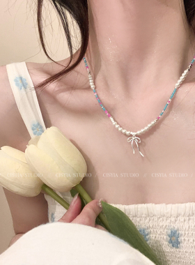 清新蓝~碎银子串珠蝴蝶结项链