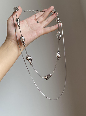 银色冷淡风双层叠戴项链配饰女