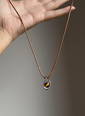 中古vintage皮绳虎眼石吊坠项链