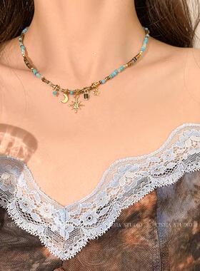 星月油画~夏日蓝色串珠叠戴项链