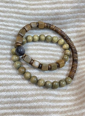 绿檀木复古风方块双圈手链文玩女孩绿檀圆珠搭配方檀多圈设计