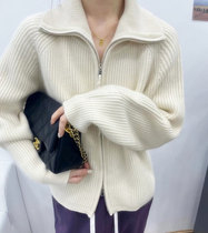 Cashmere double zipped cardigan jacket woman autumn winter turned up collar knit white loose Lazy Thickening Superior Sweater Coat