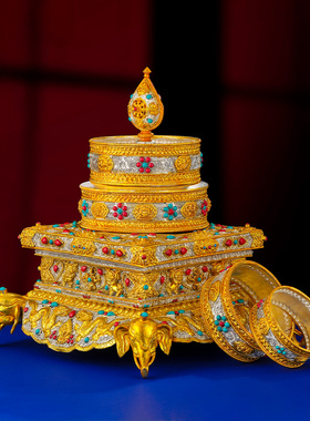 尼泊尔鎏金曼扎盘手工掐丝八吉祥曼茶盘曼茶罗整套15cm