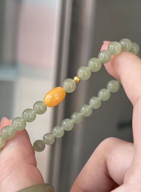 天然和田玉手链晴水圆珠搭配蜜蜡