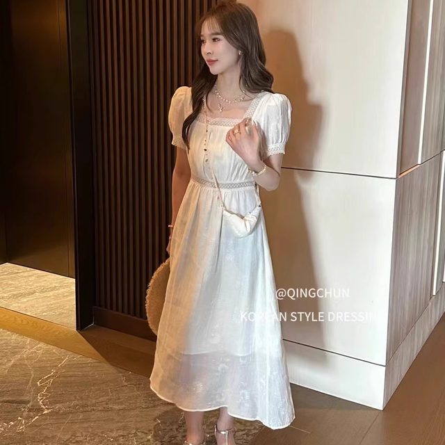 French square neck lace splicing short-sleeved dress with bag