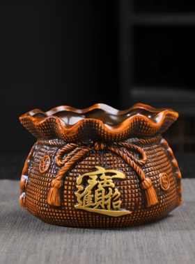 陶土金色纹理招财福袋花盆