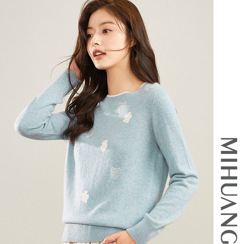 米皇秋季新款套头圆领长袖羊绒衫女休闲提花纯羊绒毛衣针织衫,淘宝优惠券,粉丝福利购,淘宝优惠卷