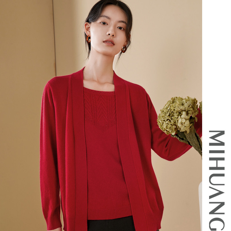 米皇秋冬新款圆领厚款羊绒衫女上衣休闲纯色假两件山羊绒毛衣,淘宝优惠券,粉丝福利购,淘宝优惠卷