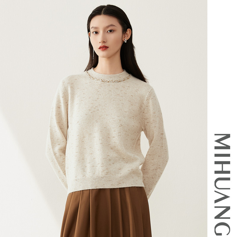 米皇2025秋冬新款圆领套头羊绒衫女韩版休闲厚款纯羊绒针织毛衣,淘宝优惠券,粉丝福利购,淘宝优惠卷