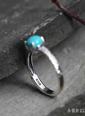 纯银戒指女 天然绿松石开口戒子泰银手工雕纹做旧复古个性水晶