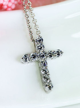 纯银十字架项链仿真钻石吊坠短款锁骨链女锆石定制18k白金莫桑石