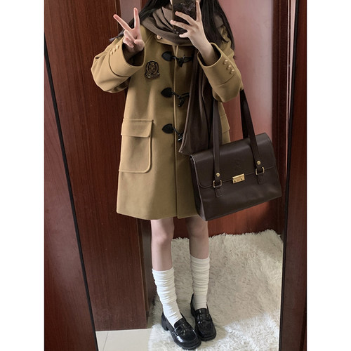jk毛呢外套学院风女小个子冬季棕色加厚牛角扣呢子大衣莱克学院 - 图0