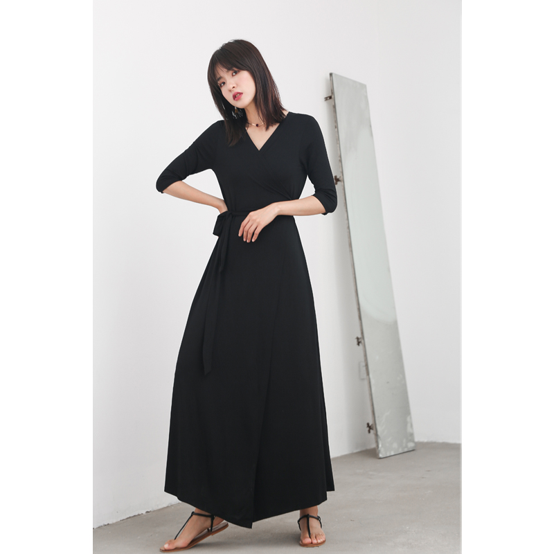 ins秋季新款v领中袖chic绑带长裙莫代尔黑色显瘦气质连衣裙女大码 - 图1