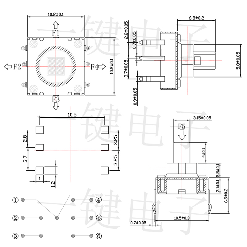FT-008-12连接器10*10六脚插脚多功能复位开关优质五向按键A07-12-图1