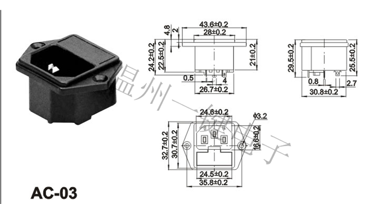 AC-03电源插座 二合一不带保险丝带耳朵固定品字插座纯铜10A/250V - 图1