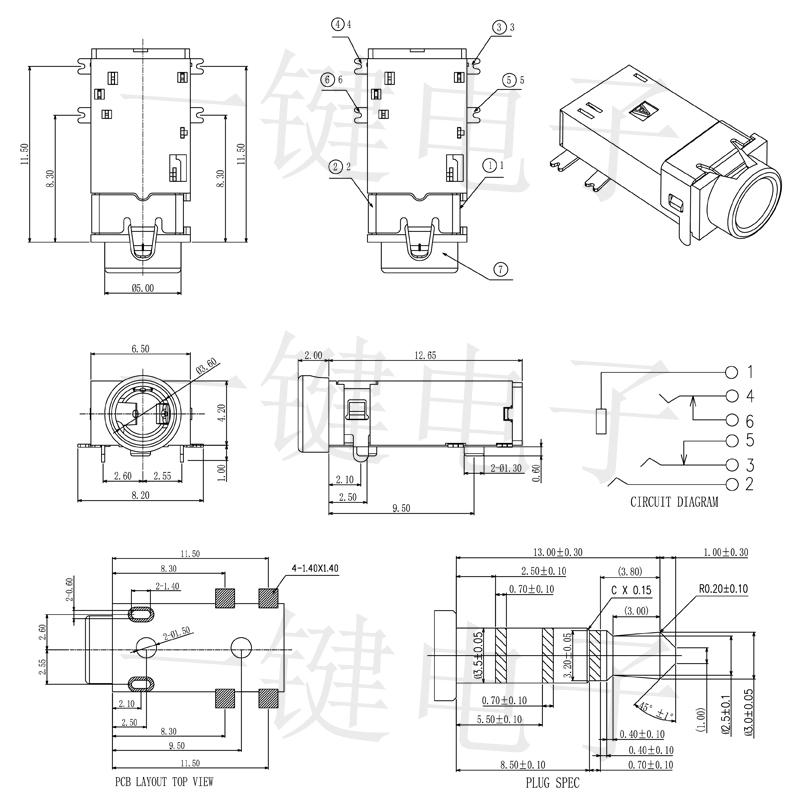 PJ-324S电源接口3.5耳机插座6脚插脚2只固定脚 Ф3.5MM插口母座 - 图2