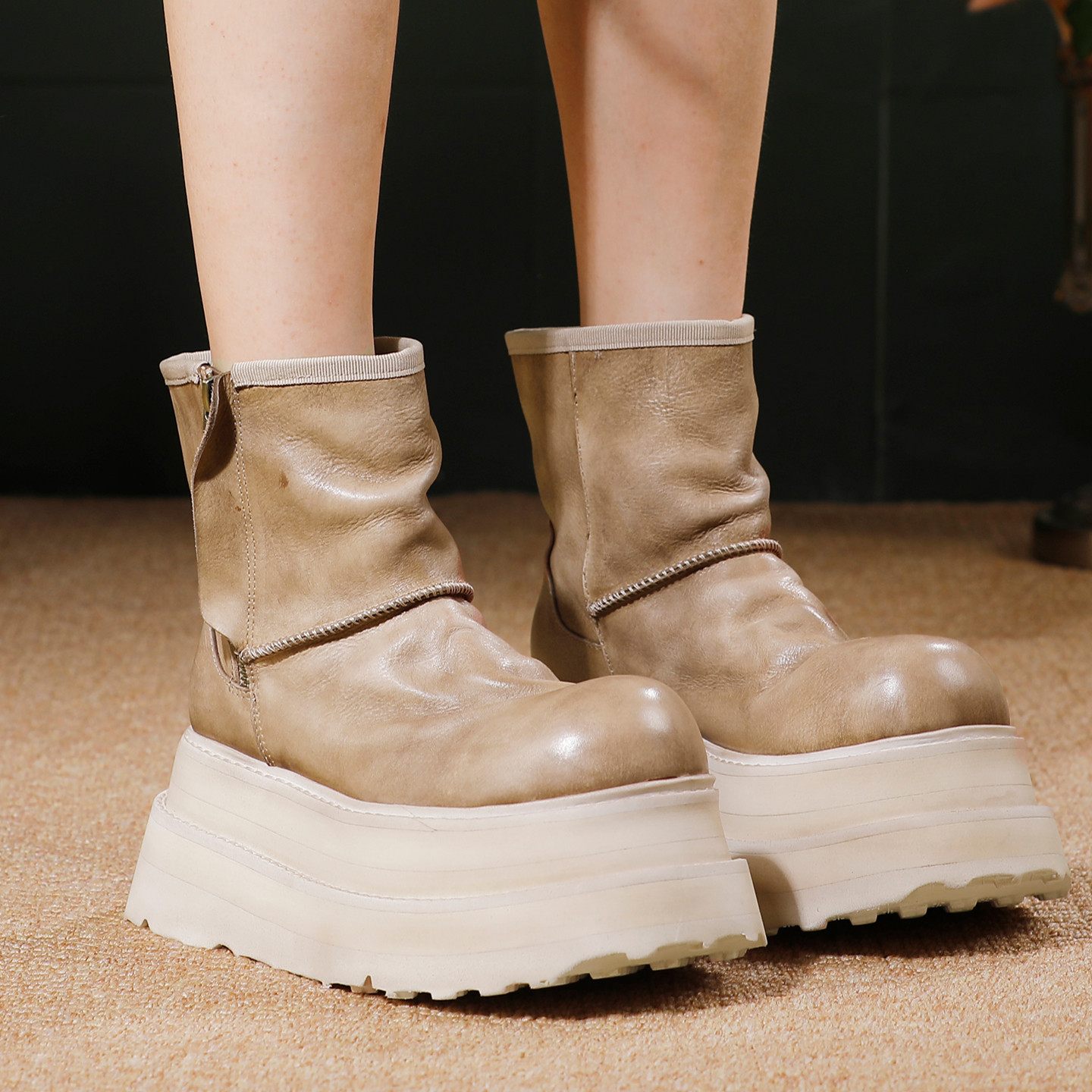 厚底短靴女2025春秋新款头层牛皮高档小个子增高鞋复古风单靴子,淘宝优惠券,粉丝福利购,淘宝优惠卷