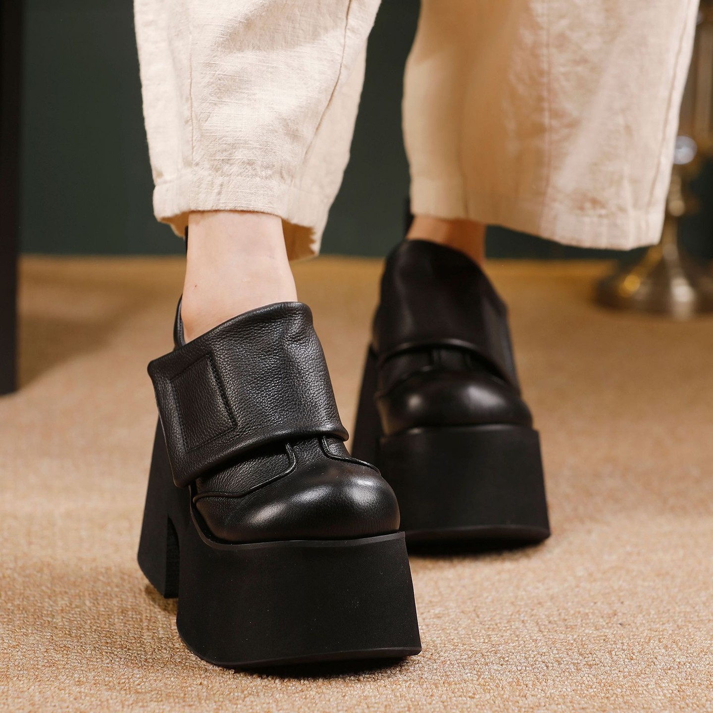 2025秋冬新款头层牛皮小个子复古增高鞋真皮松糕厚底鞋女深口单鞋,淘宝优惠券,粉丝福利购,淘宝优惠卷