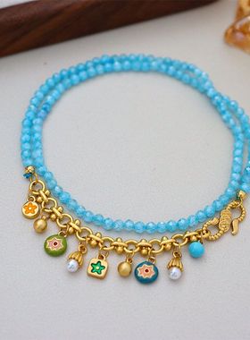 复古轻奢新款蓝色天然石串珠项链女百搭高级感精致简约小众锁骨链