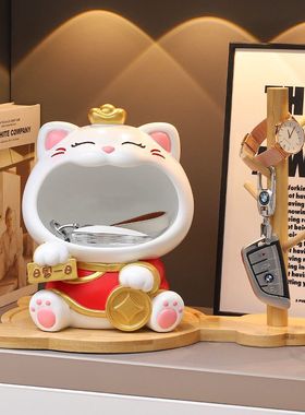 国潮大嘴招财猫玄关钥匙收纳摆件乔迁新居客厅装饰喜庆花艺礼物