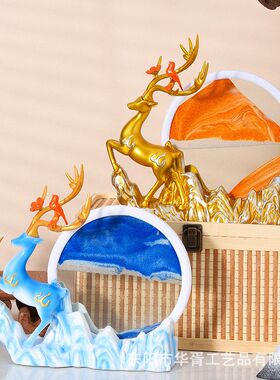 鹿沙漏流沙画客厅鹿摆件玄关酒柜电视柜装饰品新中式滴漏轻奢