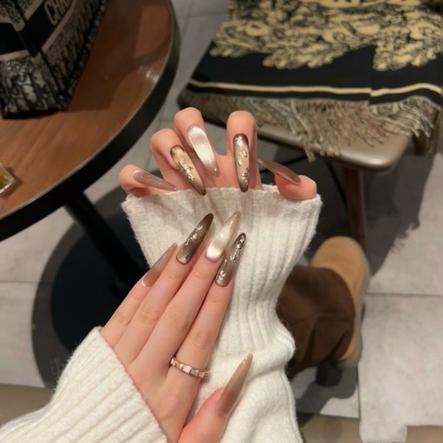 林先生穿戴甲2025新款高级感咖色猫眼富贵花纯手工长款成品假指甲 - 图0