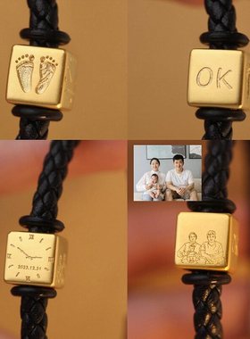 定制纯银宝宝头像手绘画手脚印照片刻字转运珠男女士情侣手链礼物