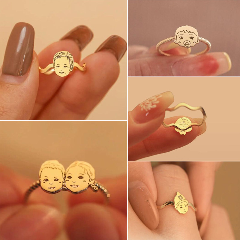 Customized baby portrait ring, parent-child male and female photos, hand-painted private baby sterling silver ring customization