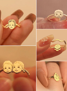 定制宝宝头像戒指亲子男女照片的手绘私人婴儿纯银戒指定制