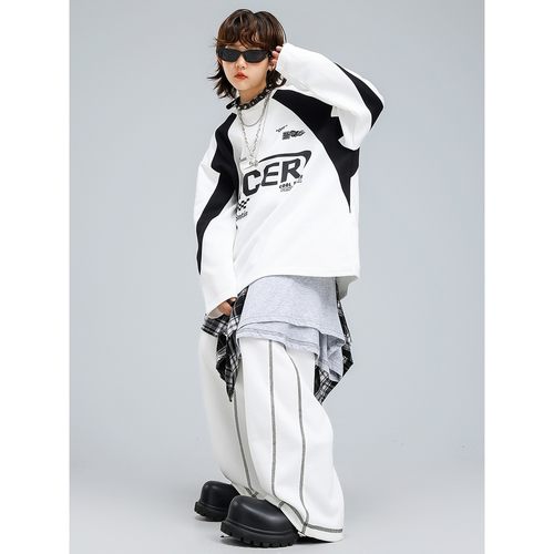 男童街舞儿童潮服白卫衣套装嘻哈运动练功裤男女童少儿帅气演出服 - 图1