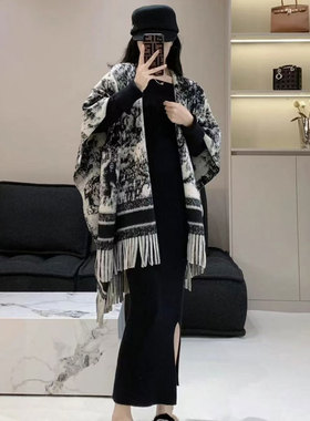 保暖水墨画黑白花纹围巾高级感