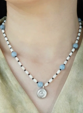 2025新款浅滩海螺项链 海边度假风高级感轻奢百搭蓝东陵串珠项链