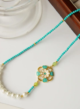 新款新中式项链夏季女高级感配饰彩色滴油花朵吊坠蓝松石串珠项链