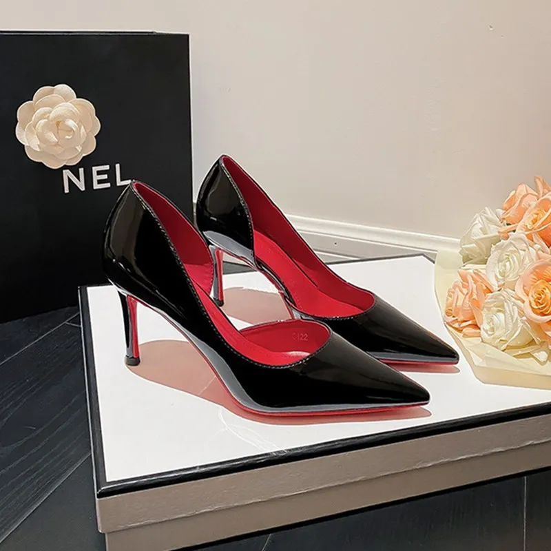 侧空高跟鞋2025年新款黑色尖头漆皮红底女细跟性感小众气质名媛鞋,淘宝优惠券,粉丝福利购,淘宝优惠卷