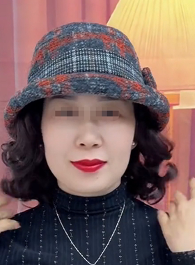 秋冬帽子假发一体时尚妈妈渔夫帽中老年卷发呢帽加厚休闲帽子头套