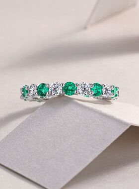 轻奢高级感气质S925银戒指女绿宝红蓝宝石跨境热卖新款莫桑石戒子