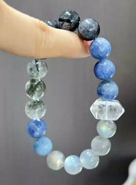 梵高的星空蓝晶石绿幽灵黑发晶月光石手链设计款主旺事业手饰礼